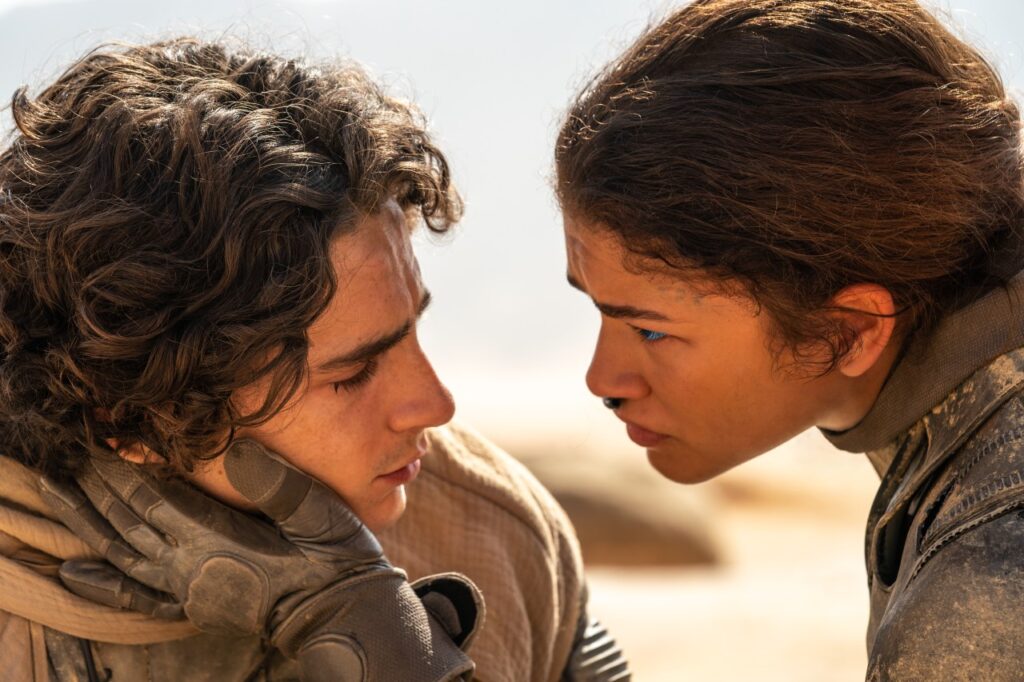 Timothée Chalamet as Paul Atreides and Zendaya as Chani in Dune: Part Two