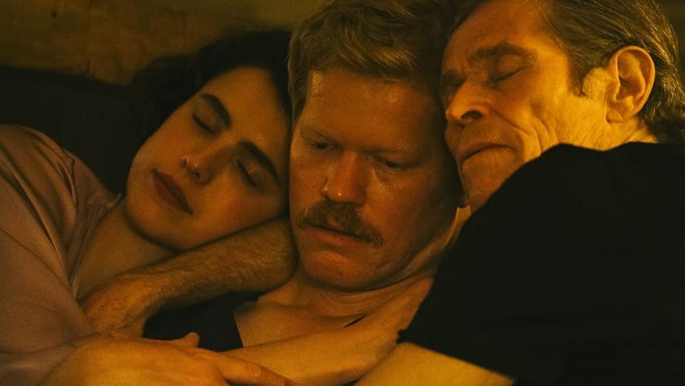 Featured image for a blog post covering the 50 best films of 2024 in the UK. image is taken from Kinds of Kindness, and features the actors Margaret Qualley, Jesse Plemons, and Willem Dafoe.